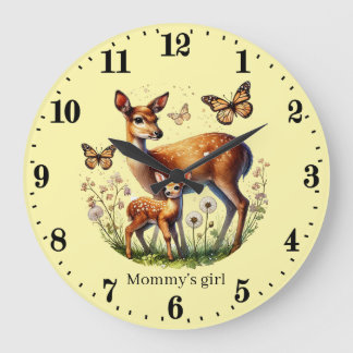 Grande Horloge Ronde Nom de la fille du cerf de maman mignonne