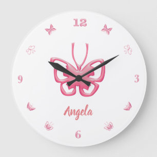 Grande Horloge Ronde Nom de la Personnaliser Papillons roses Filles