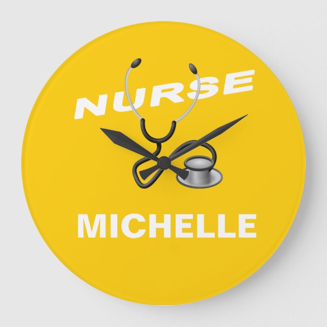 Grande Horloge Ronde Nom de l'infirmière personnalisée JAUNE (Recto)