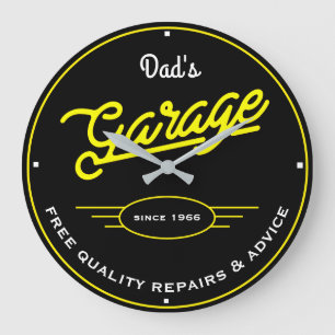 Grande Horloge Ronde Nom de père ou autre Garage Retro Jaune et Slogan