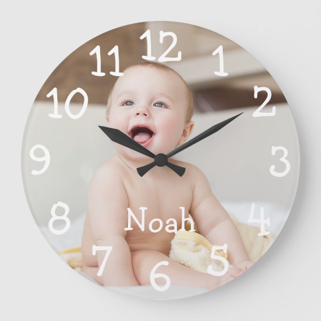 Grande Horloge Ronde Nom de photo de bébé personnalisé (Recto)