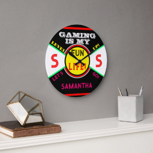 Grande Horloge Ronde Nom de salle de vie amusante de jeu Noir Jaune Ros