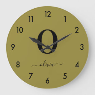 Grande Horloge Ronde Nom De Script Monogramme Or Personnalisé Et Noir