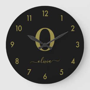 Grande Horloge Ronde Nom De Script Monogramme Personnalisé Noir Et Or