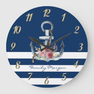 Grande Horloge Ronde Nom du bateau, Fleurs d'Ancres Bleus de marine