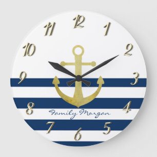 Grande Horloge Ronde Nom du bateau nautique, Ancre d'or Bleu de la Mari