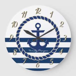 Grande Horloge Ronde Nom du bateau nautique, Ancre Marine Bleu rayé