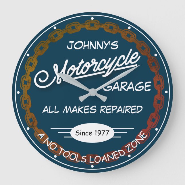 Grande Horloge Ronde Nom du garage de moto Date Chaîne Bleu Blanc (Recto)