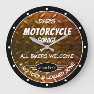 Grande Horloge Ronde Nom du garage de moto Date Slogan en plaque de dia