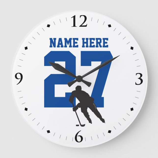 Grande Horloge Ronde Nom du joueur de hockey personnalisé Numéro bleu (Recto)