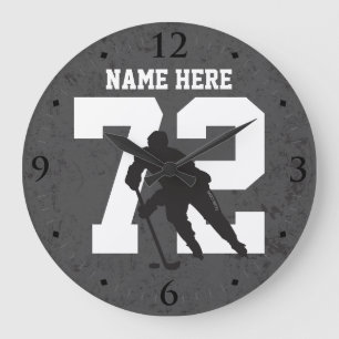 Grande Horloge Ronde Nom du joueur de hockey personnalisé Numéro gris f