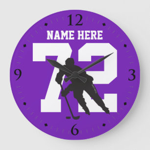 Grande Horloge Ronde Nom du joueur de hockey personnalisé Numéro sur vi