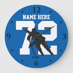 Grande Horloge Ronde Nom du joueur de hockey personnalisé sur Blue