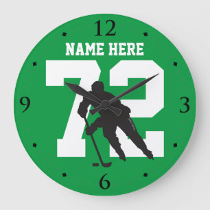 Grande Horloge Ronde Nom du joueur de hockey personnalisé sur vert