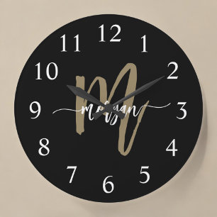 Grande Horloge Ronde Nom du monogramme Black Gold Modern Script