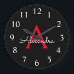 Grande Horloge Ronde Nom du monogramme de la fillette de script noir ro<br><div class="desc">Horloge de nom du monogramme simple en rouge et noir. Cela fait le cadeau sucré de 16 ans,  mariage,  douche nuptiale,  anniversaire,  baby shower ou bachelorette pour quelqu'un qui aime le luxe glamour et les styles chic.</div>
