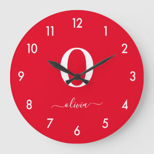Grande Horloge Ronde Nom du script Monogramme Personnalisé Rouge Et Bla