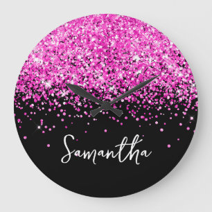 Grande Horloge Ronde Nom en écriture noire à paillettes rose vif