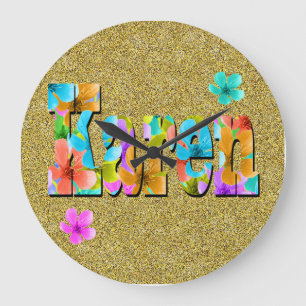 Grande Horloge Ronde Nom Karen Logo Avec Fleurs,
