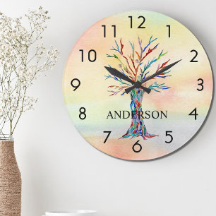 Grande Horloge Ronde Nom Monogramme Arborescence arc-en-ciel