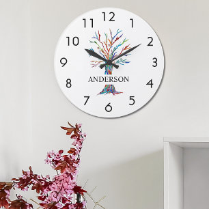 Grande Horloge Ronde Nom Monogramme Arborescence arc-en-ciel