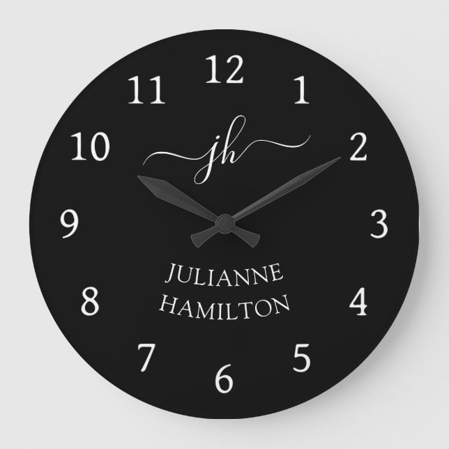 Grande Horloge Ronde Nom Monogramme Noir Moderne (Recto)