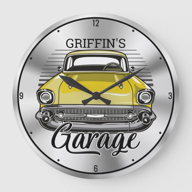 Grande Horloge Ronde NOM Personnalisé American Classic Car Garage (Recto)