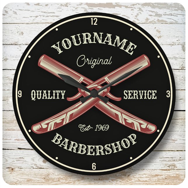 Grande Horloge Ronde NOM PERSONNALISÉ Barber Droit Razor Barbershop (Créateur téléchargé)