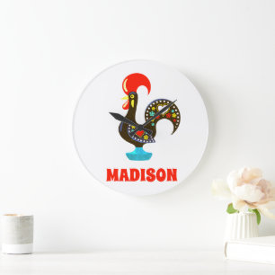 Grande Horloge Ronde Nom personnalisé Barcelos Portuos Rooster Noir