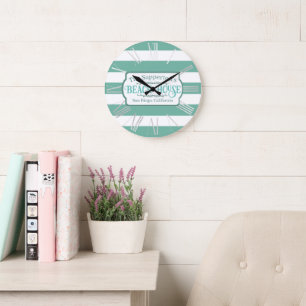 Grande Horloge Ronde Nom personnalisé Beach House Turquoises bandes