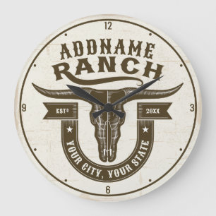 Grande Horloge Ronde NOM personnalisé Bull Steer Skull Western Ranch