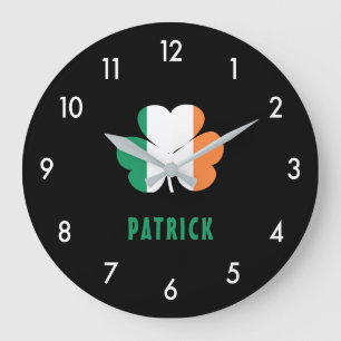 Grande Horloge Ronde Nom personnalisé Celtic Irlande Shamrock Drapeau i
