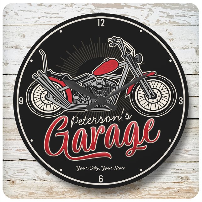Grande Horloge Ronde NOM Personnalisé Classic Biker Motorcycle Garage (Créateur téléchargé)