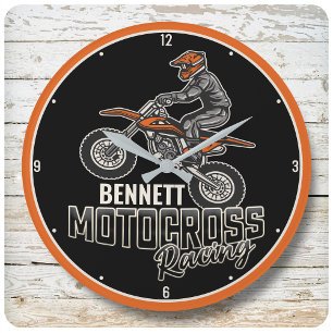 Grande Horloge Ronde Nom personnalisé Dirt Vélo Rider Motocross Racing