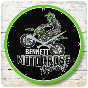 Grande Horloge Ronde Nom personnalisé Dirt Vélo Rider Motocross Racing