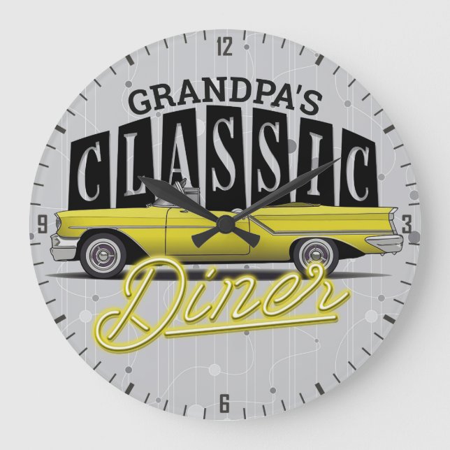 Grande Horloge Ronde NOM personnalisé Faux Neon Classic Car 50's Diner (Recto)