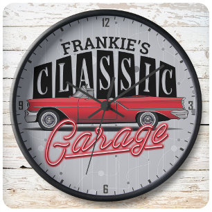 Grande Horloge Ronde Nom personnalisé Faux Neon Classic Car Garage papa