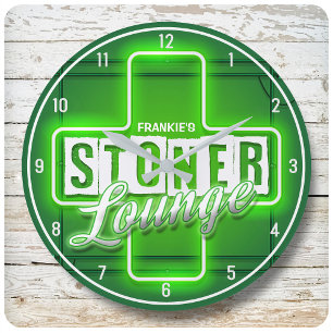 Grande Horloge Ronde NOM Personnalisé Faux Neon Stoner Lounge Bar