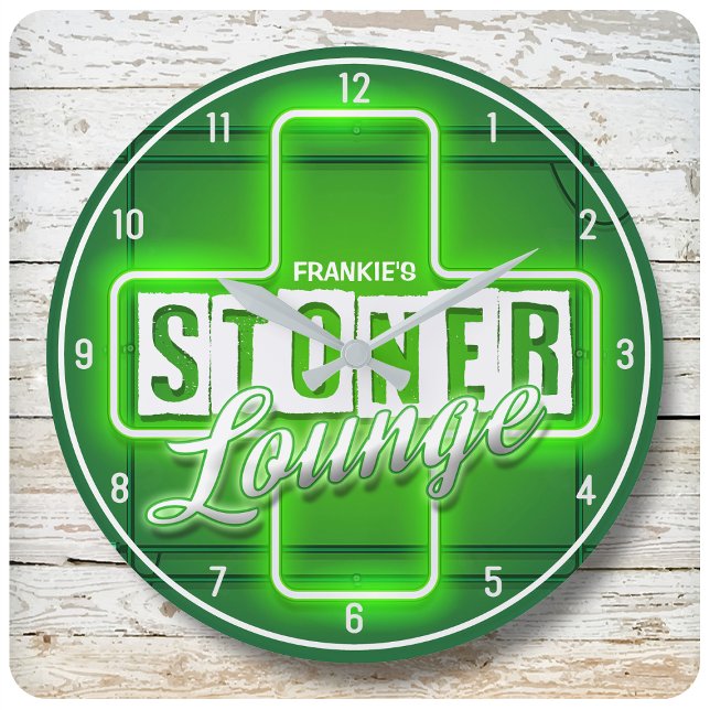 Grande Horloge Ronde NOM Personnalisé Faux Neon Stoner Lounge Bar (Créateur téléchargé)