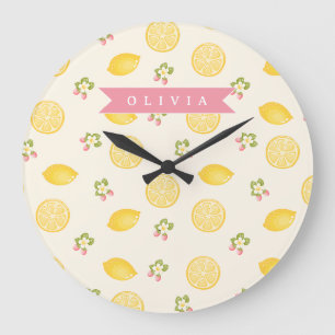 Grande Horloge Ronde Nom personnalisé floral citron été sur mesure