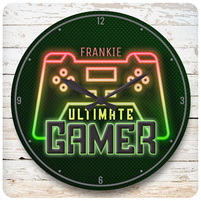 Grande Horloge Ronde NOM Personnalisé Gamer Faux Neon Jeu Vidéo Retro (Créateur téléchargé)