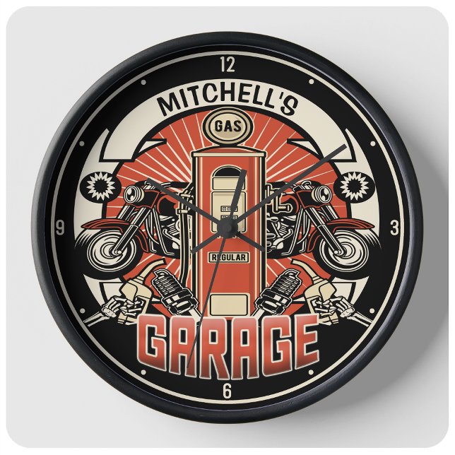 Grande Horloge Ronde Nom personnalisé Garage moto moto pompe à gaz rétr (Créateur téléchargé)