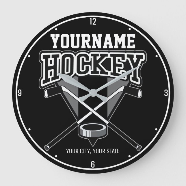 Grande Horloge Ronde NOM Personnalisé Joueur de hockey Stick Puck Team (Recto)