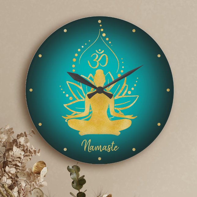 Grande Horloge Ronde Nom personnalisé Lotus & Om Yoga Namaste (Créateur téléchargé)