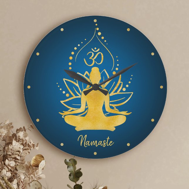 Grande Horloge Ronde Nom personnalisé Lotus & Om Yoga Namaste (Créateur téléchargé)