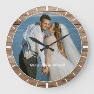 Grande Horloge Ronde Nom personnalisé Mariage Photo Cadre en bois rusti