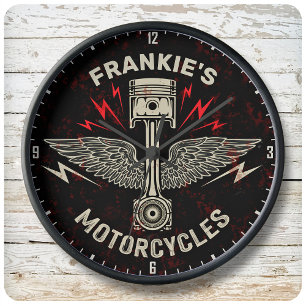 Grande Horloge Ronde Nom personnalisé Motorcycle Piston Wings Biker Gar