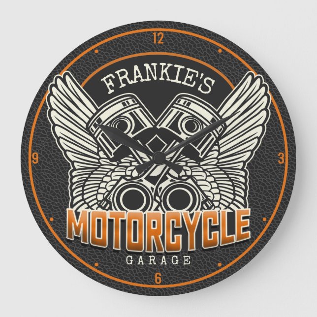 Grande Horloge Ronde Nom personnalisé Pistons Wings Motorcycle Garage (Recto)