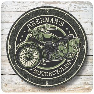 Grande Horloge Ronde NOM personnalisé Retro Military Motorcycle Biker
