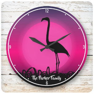 Grande Horloge Ronde NOM Personnalisé Vivid Beach Sunset Flamant rose r